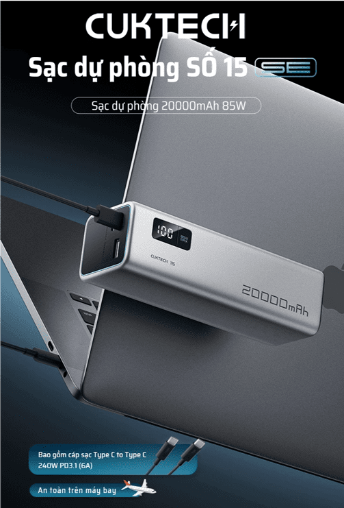 CUKTECH PB200 Sạc Dự Phòng 20000mAh 85W 56 CUKTECH PB200 Sạc Dự Phòng 20000mAh 2 cổng type C, 1 cổng USB-A, max 67W