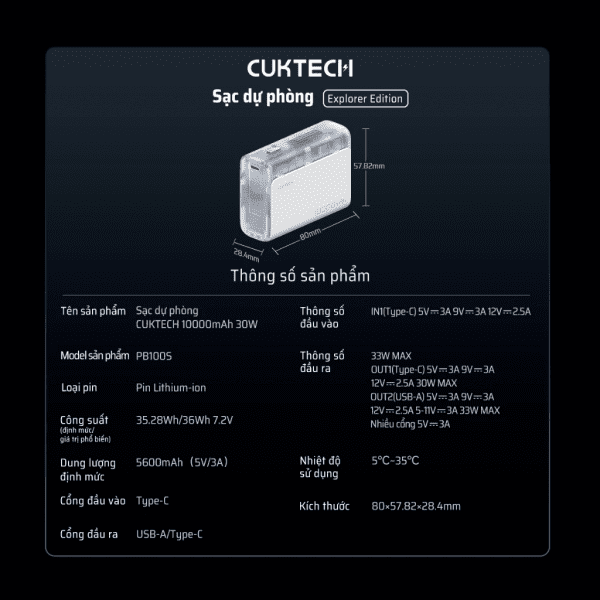 Pin sạc Dự Phòng 10000mAh CUKTECH PB100S - Ảnh 5